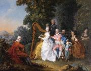 unknow artist An elegant party in the countryside with a lady playing the harp and a gentleman playing the guitar Sweden oil painting artist